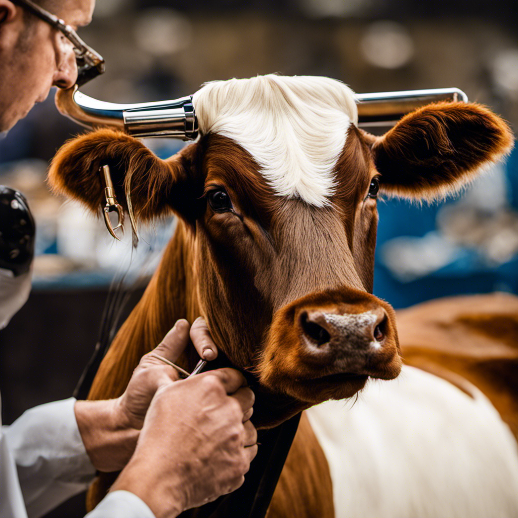 An image capturing the intricate process of shaving a show steer head: a steady hand skillfully maneuvering electric clippers, meticulously removing thick hair, revealing the sleek, polished hide underneath, all in preparation for the show ring