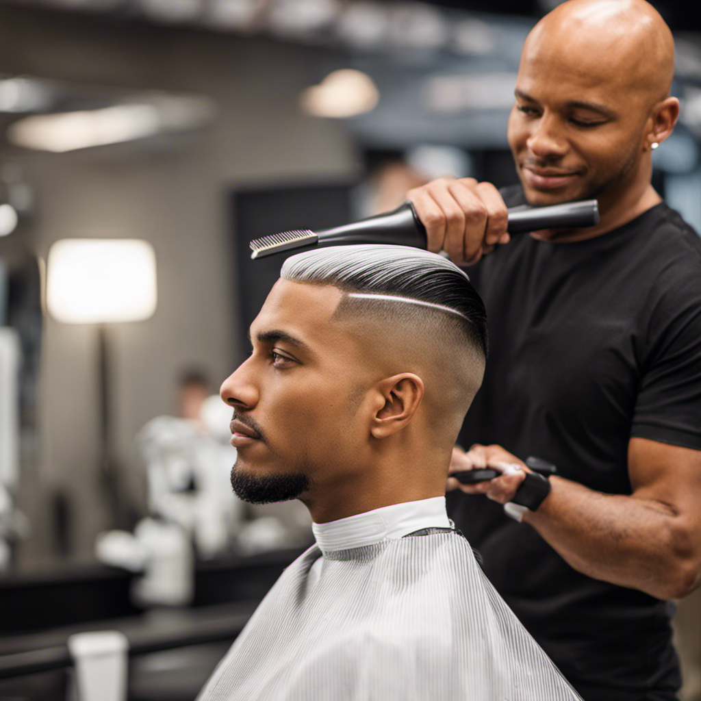 An image capturing the step-by-step process of shaving and fading your head: a razor gliding over a smoothly shaved scalp, followed by a trimmer expertly fading the hairline, concluding with a perfectly blended fade