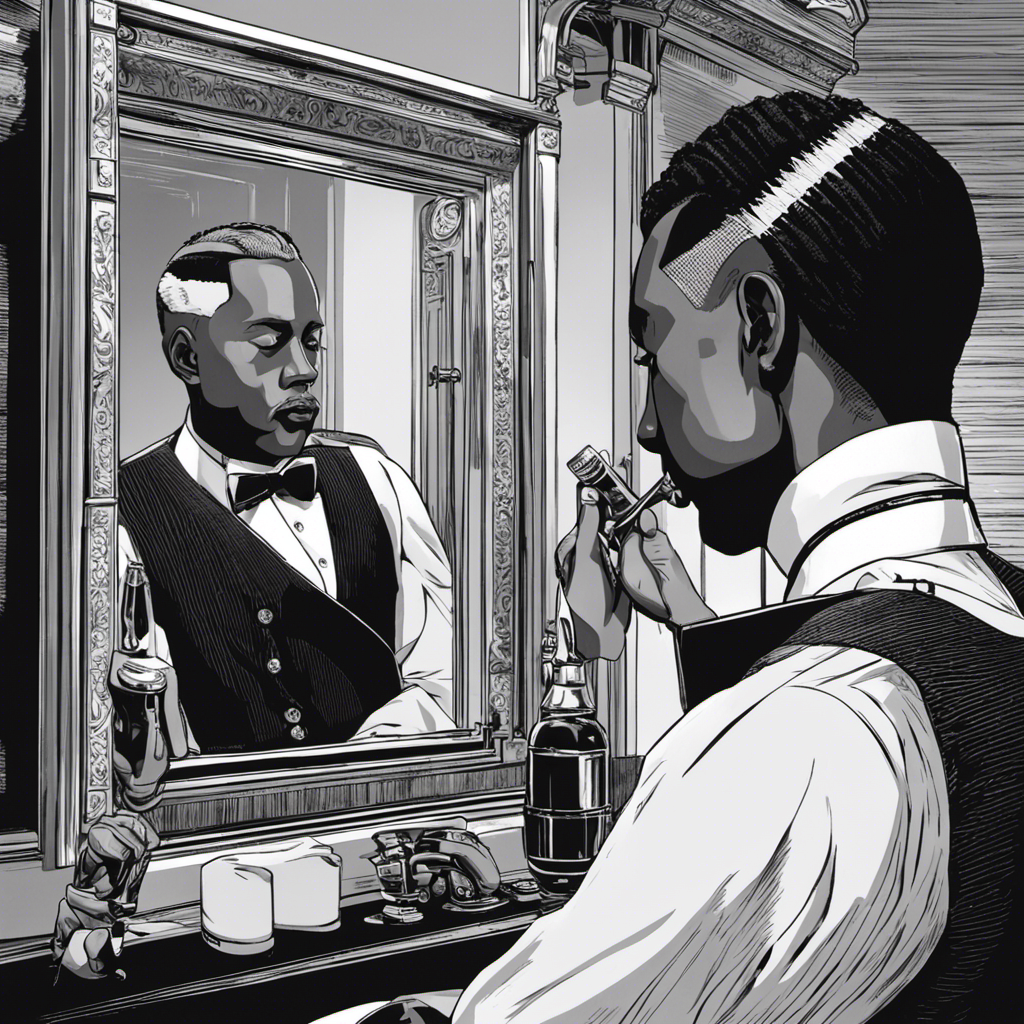 Create an image depicting a person sitting in front of a mirror, holding a clipper against the back of their head
