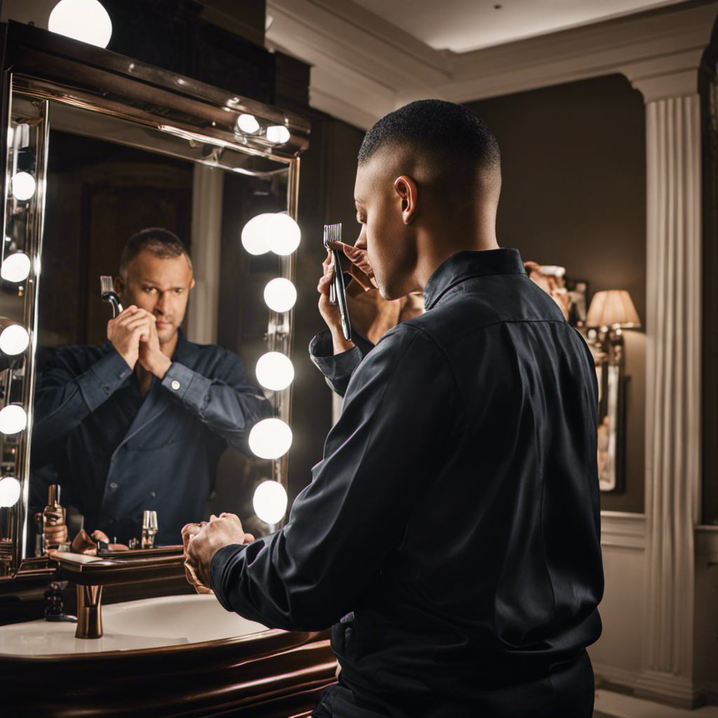 An image showcasing a person standing in front of a mirror, using a handheld razor to carefully shave the back of their head