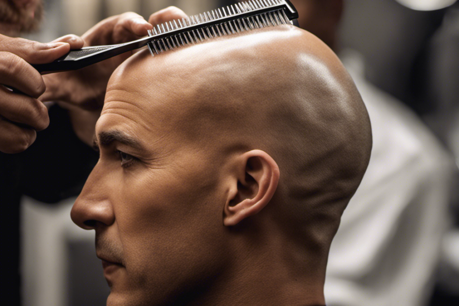 An image showcasing a close-up shot of a shiny, lathered bald head being carefully shaved with a sharp razor, capturing the precise movements and reflections on the smooth skin