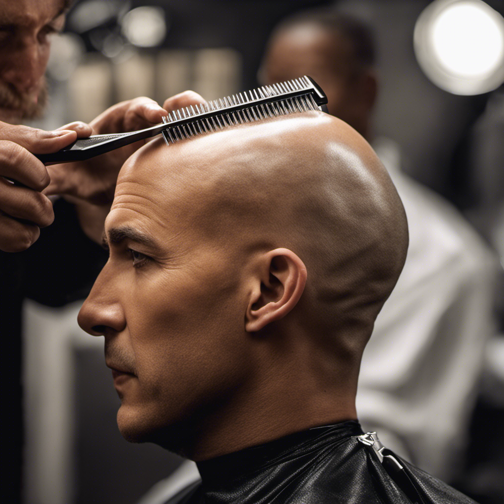 An image showcasing a close-up shot of a shiny, lathered bald head being carefully shaved with a sharp razor, capturing the precise movements and reflections on the smooth skin