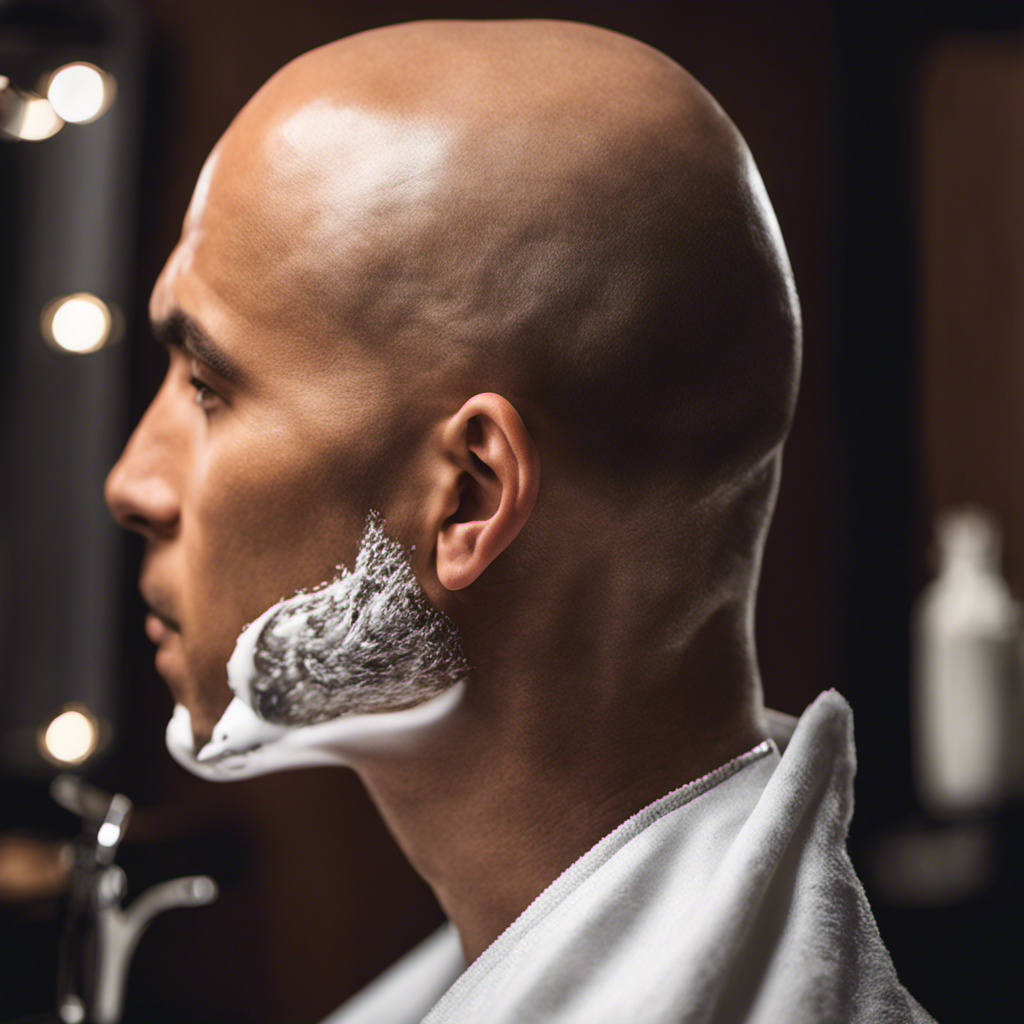 An image capturing the step-by-step process of shaving a bald head: a gleaming razor gliding across smooth skin, lathered shaving cream being rinsed off, and a perfectly shaved head reflecting light