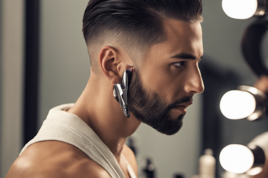 An image that showcases a person in front of a mirror, carefully shaving the bumpy back of their head
