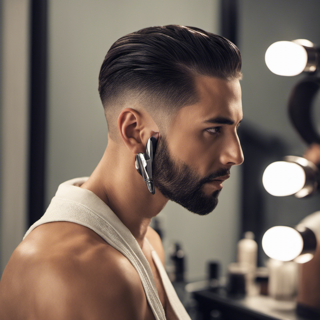 An image that showcases a person in front of a mirror, carefully shaving the bumpy back of their head