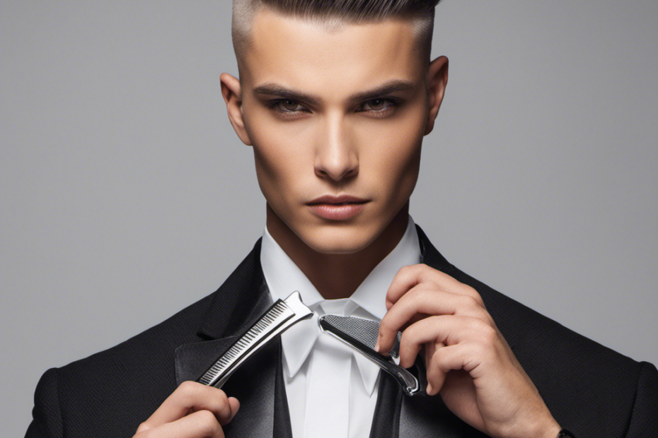An image showcasing a confident individual, holding a sharp razor, with one side of their head shaved flawlessly while the other side remains untouched, emphasizing the step-by-step process of achieving a stylish half-shaved hairstyle at home