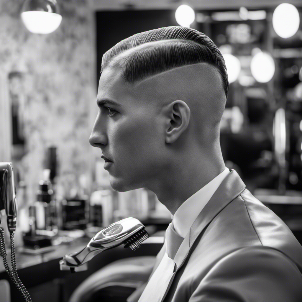 An image capturing the step-by-step process of shaving half your head: a confident hand maneuvering an electric razor, slick strands falling away, revealing a striking contrast between the shaved side and the untouched tresses