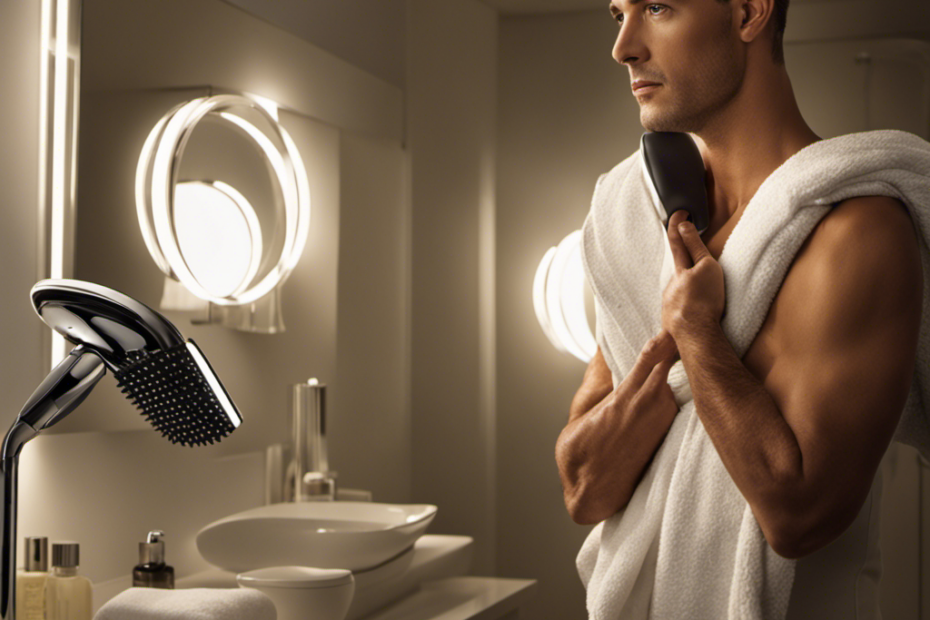 An image showcasing a person standing in front of a well-lit bathroom mirror, confidently holding an electric razor, with a towel draped over their shoulders