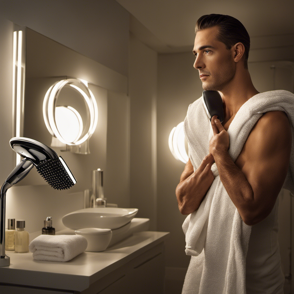 An image showcasing a person standing in front of a well-lit bathroom mirror, confidently holding an electric razor, with a towel draped over their shoulders