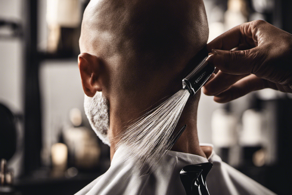 An image featuring a close-up shot of a person confidently shaving their head bald using a razor, with smooth, gliding motions, capturing the precise moment when the last strand of hair is being removed