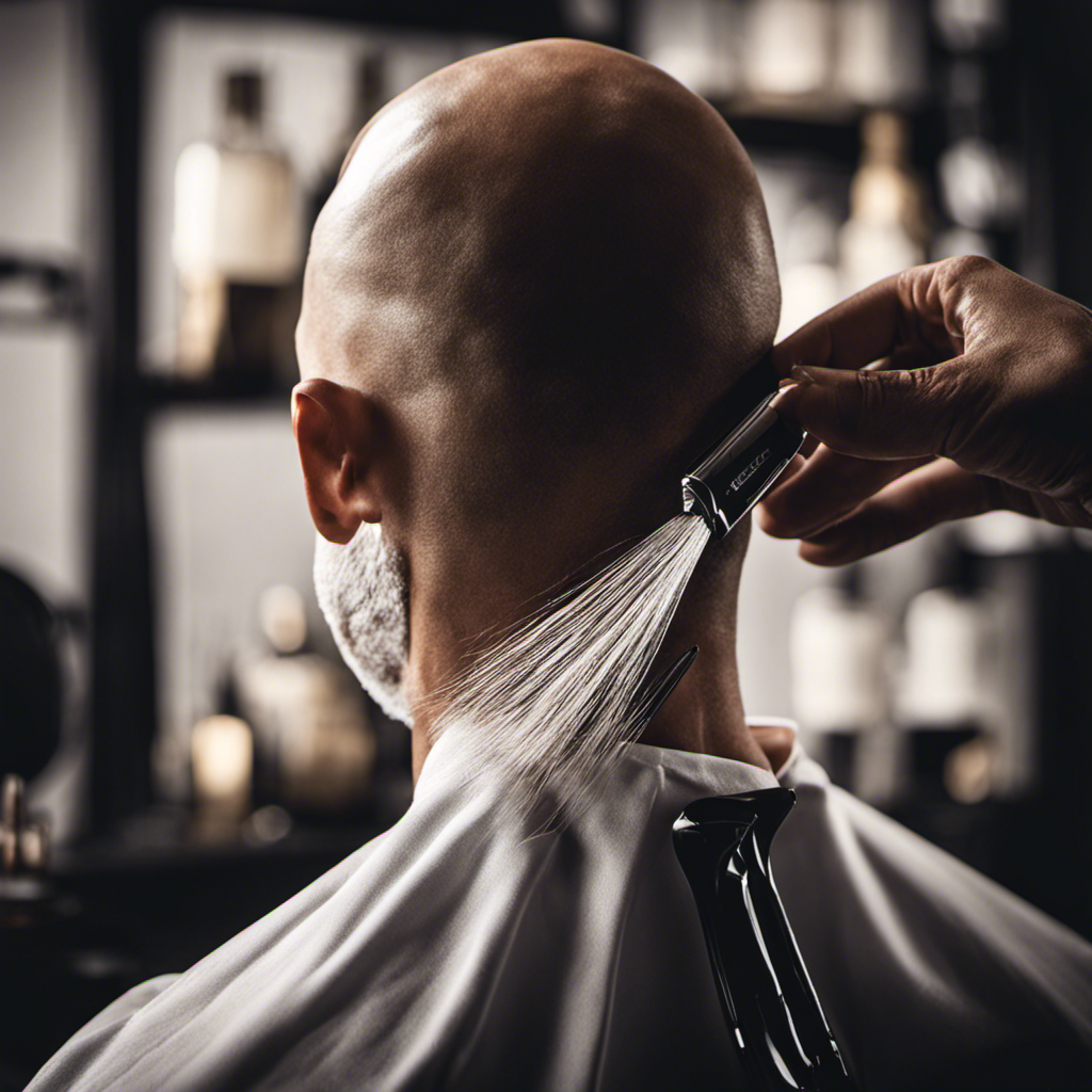An image featuring a close-up shot of a person confidently shaving their head bald using a razor, with smooth, gliding motions, capturing the precise moment when the last strand of hair is being removed