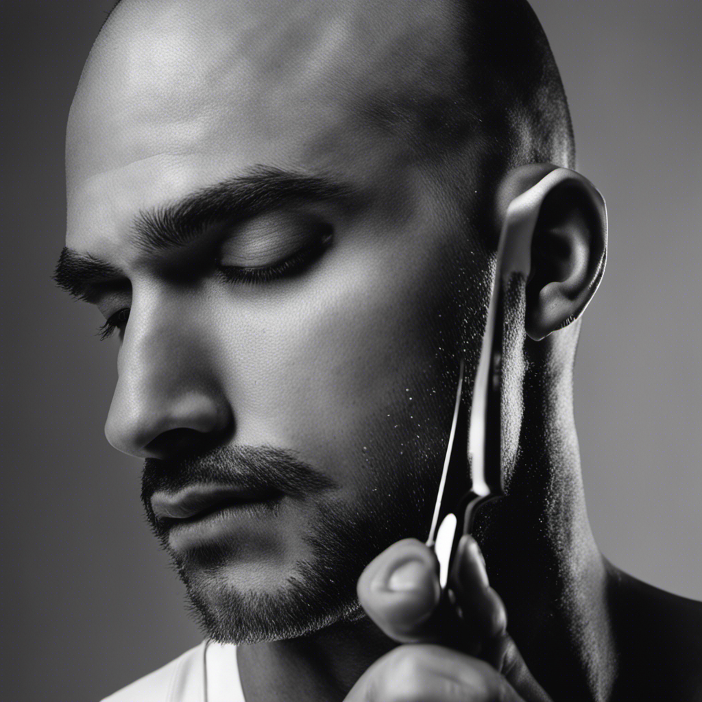 An image featuring a close-up of a hand grasping a sharp razor, gliding smoothly along a glistening scalp, effortlessly removing hair follicles as it leaves a trail of tiny droplets, showcasing the art of shaving a head bald