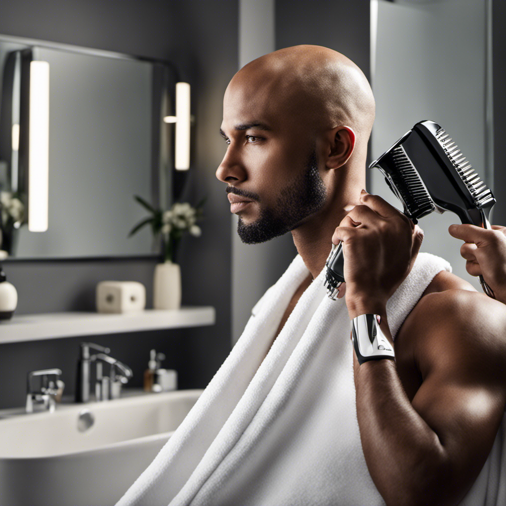 An image of a person sitting in a modern bathroom, holding an electric hair clipper with a detachable guard