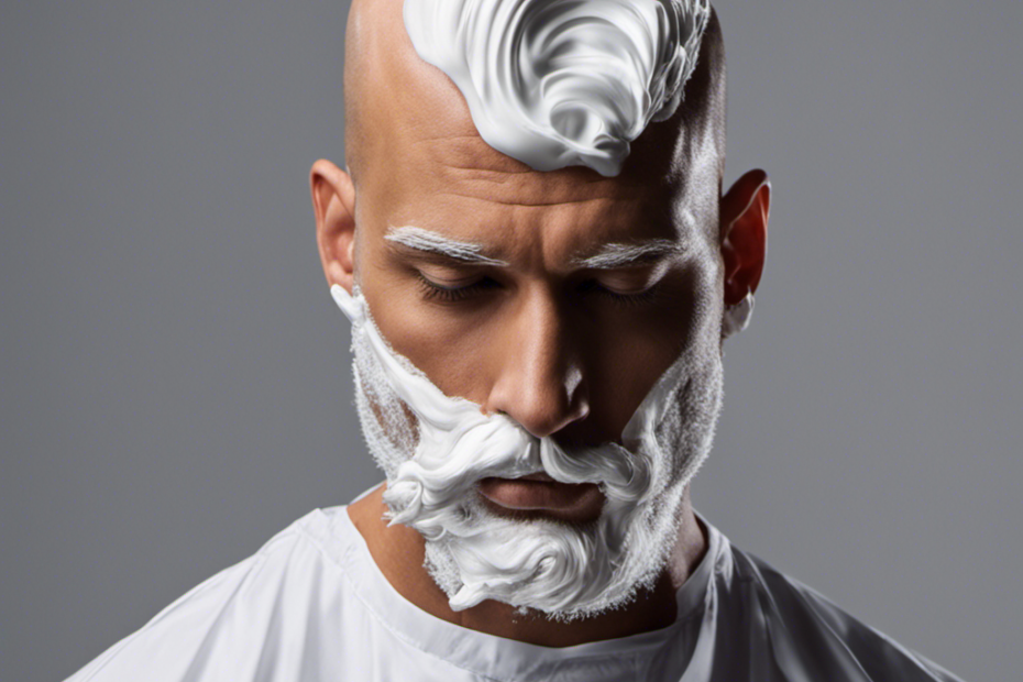 An image showcasing a close-up of a man's head with shaving cream covering his scalp