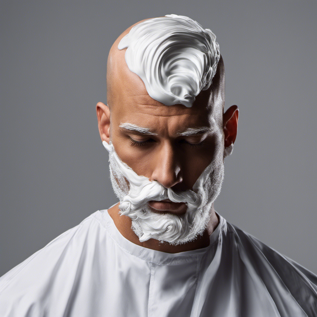 An image showcasing a close-up of a man's head with shaving cream covering his scalp