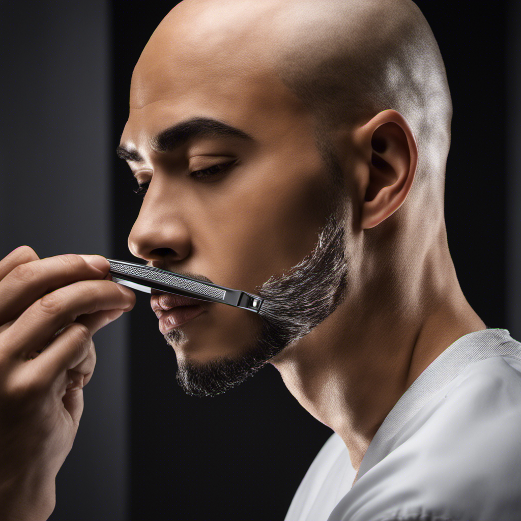 An image that showcases a person in front of a mirror, confidently shaving their head with a razor, capturing the glistening reflection of their clean scalp and the precise movement of the blade