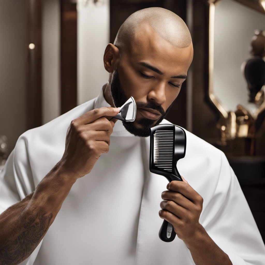 An image capturing the precise moment when a clean, gleaming razor glides along a freshly shaved head, showcasing the step-by-step process of achieving a perfectly smooth scalp, exuding confidence and style