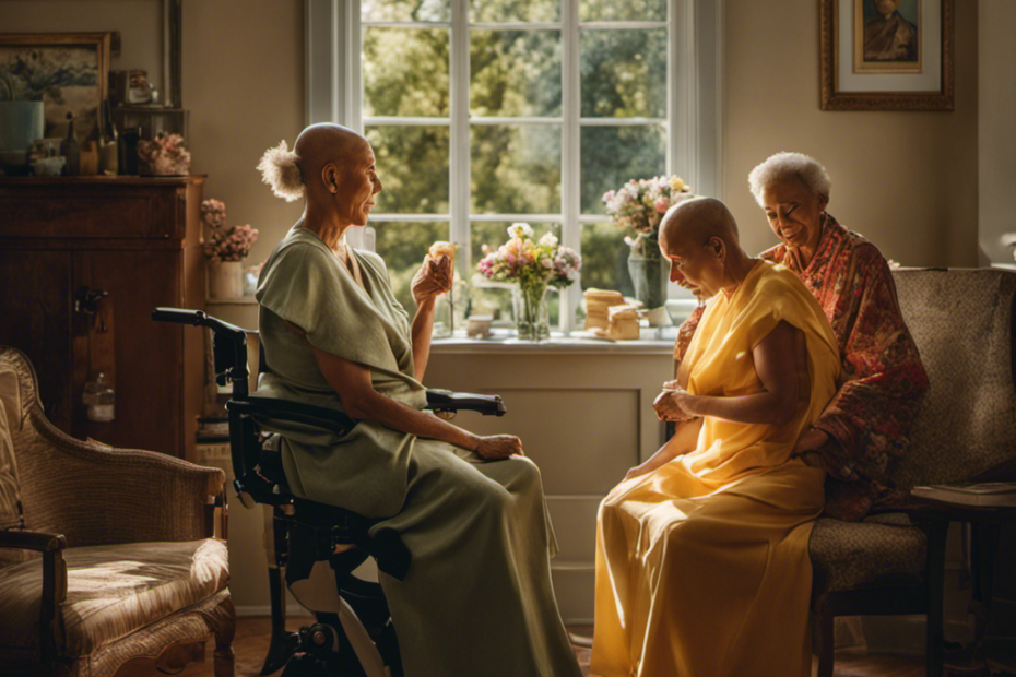 An image that captures the tender moment of a person sitting in a brightly lit room, surrounded by loved ones, as a caregiver delicately shaves their head, symbolizing strength, courage, and solidarity in the face of chemo
