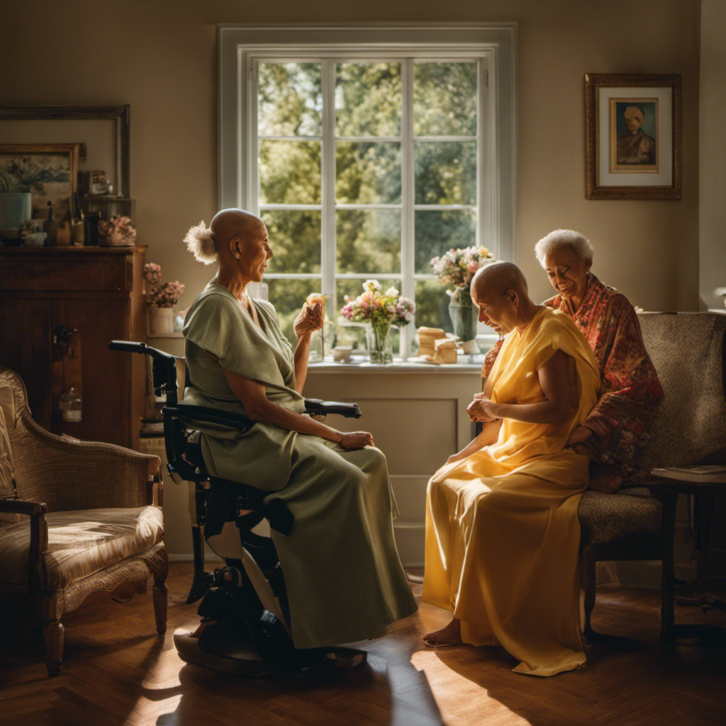 An image that captures the tender moment of a person sitting in a brightly lit room, surrounded by loved ones, as a caregiver delicately shaves their head, symbolizing strength, courage, and solidarity in the face of chemo