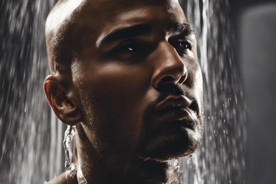 An image showcasing a person standing in a steam-filled shower, head tilted back with water cascading down, as they confidently shave their head using an electric razor, capturing the smooth gliding motion and precision