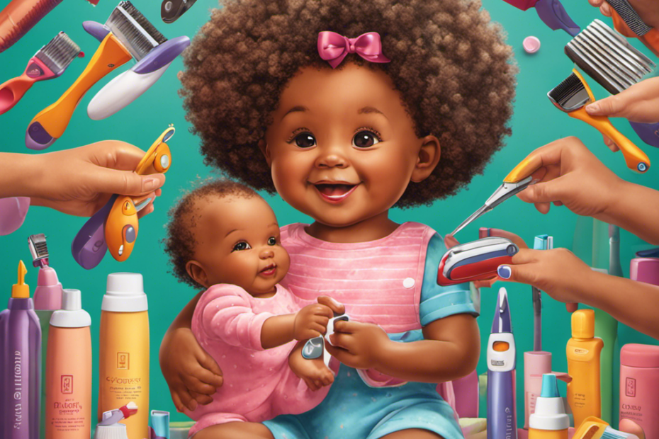 An image showcasing a loving parent gently holding a smiling baby with a fluffy head of hair, surrounded by a colorful array of baby-safe shaving tools like clippers, combs, and brushes