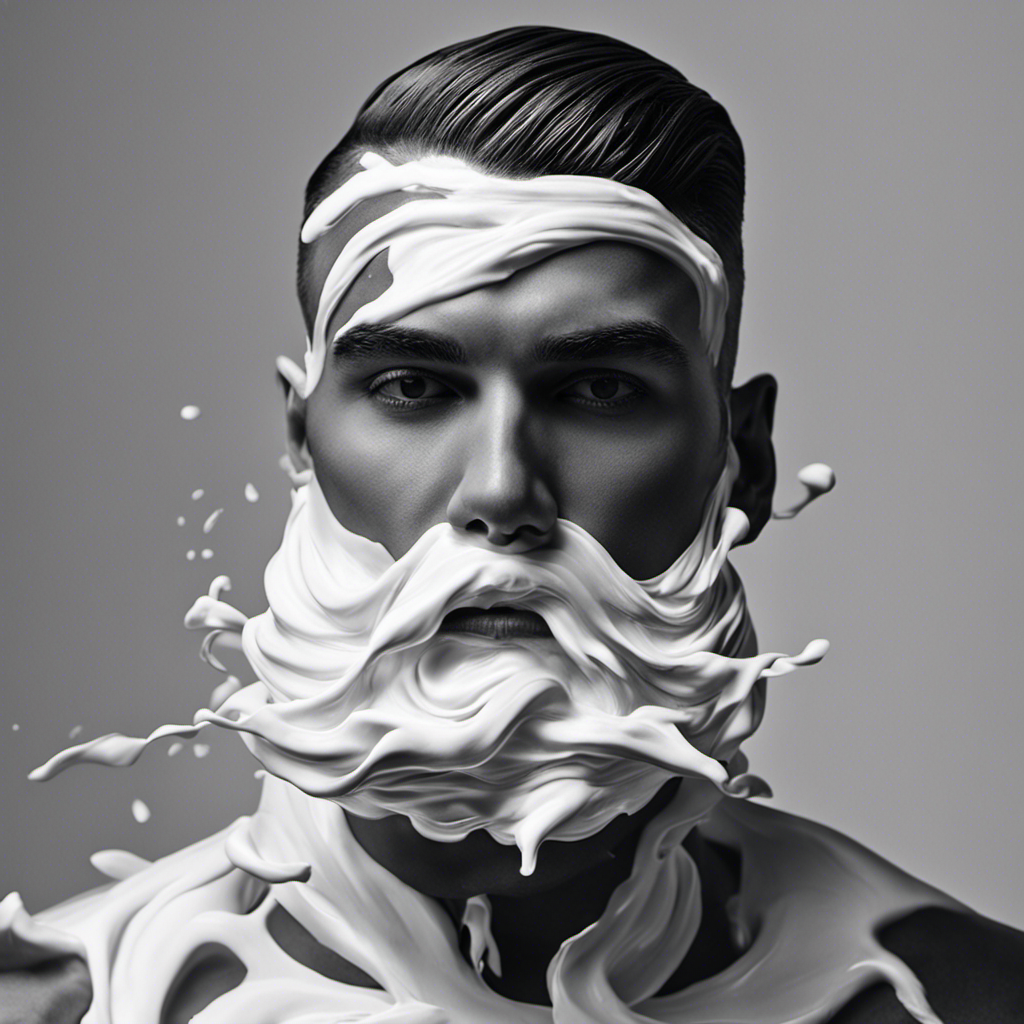 An image showcasing a close-up view of a person's head covered in shaving cream, while a razor glides smoothly across the scalp