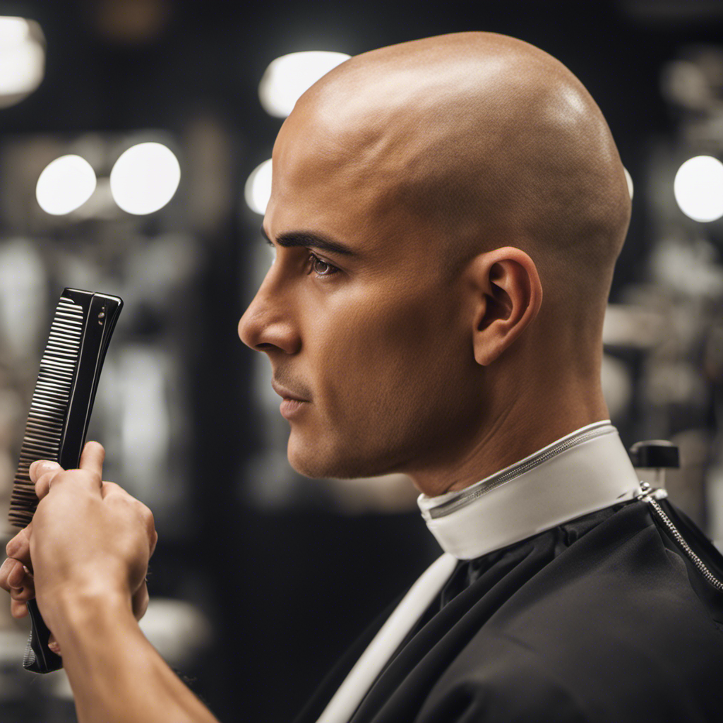 An image showcasing a close-up view of a clean-shaven head, with a razor gliding smoothly across the scalp