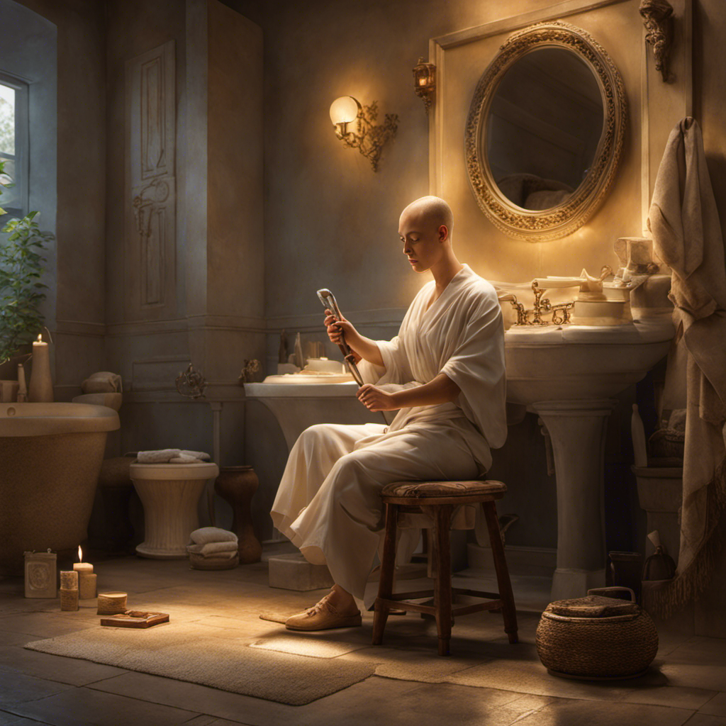 An image depicting a serene bathroom scene: a brave individual seated on a stool, surrounded by gentle lighting, delicately shaving their head with a razor, as scattered locks of hair gracefully fall to the ground