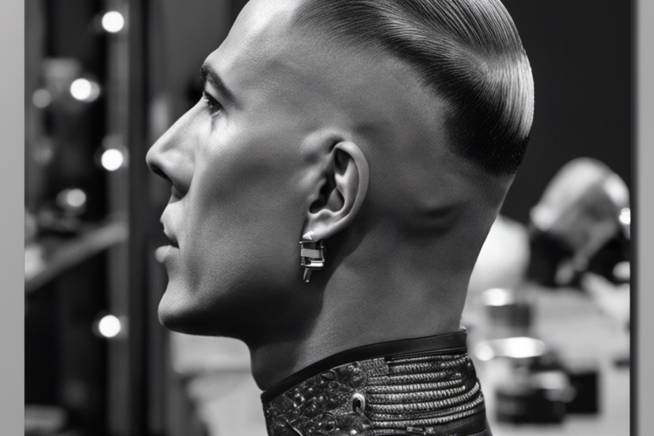 An image that showcases a close-up of a person's head with clippers in hand, gliding smoothly from the back of the head towards the crown, perfectly illustrating the step-by-step process of shaving one's head with detail and precision