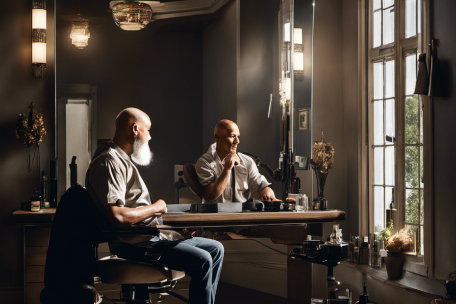 An image showcasing a person seated in front of a mirror, confidently using clippers to shave their head