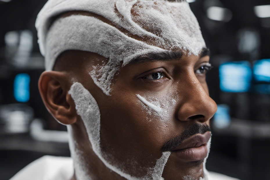 An image showcasing a close-up of a person's head covered in thick foam, with an electric razor gliding smoothly across their scalp