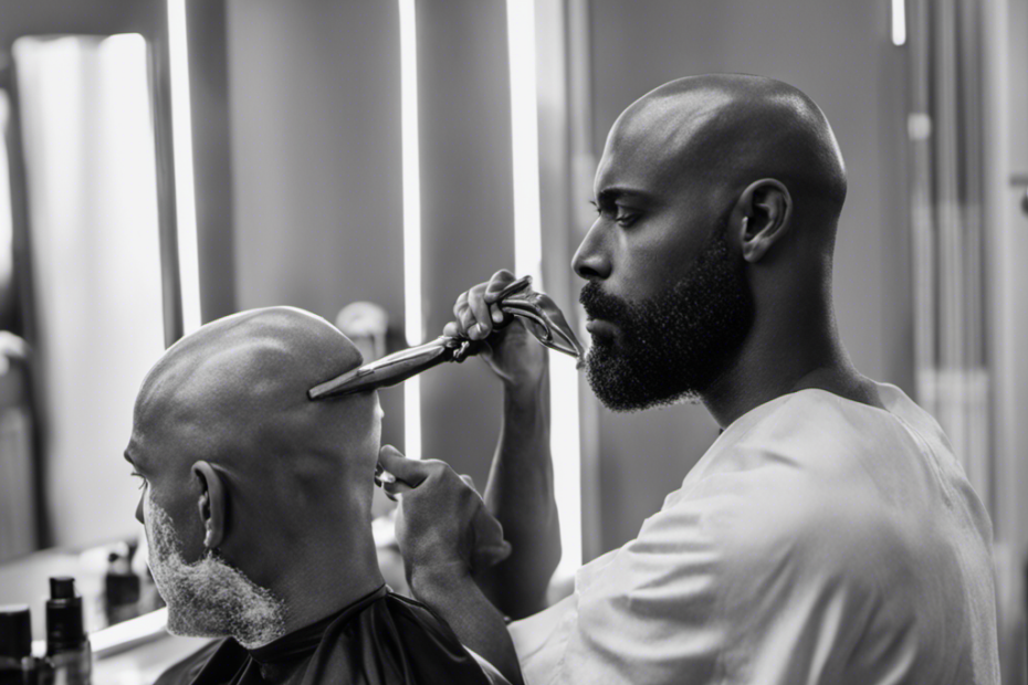 An image capturing the step-by-step process of shaving a head with a safety razor: a man holding a wet towel to his scalp, lathering shaving cream, gliding the razor across his head with precision, and a close-up of the clean-shaven scalp