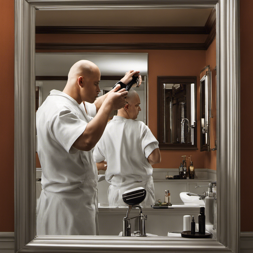 An image showcasing a person with a trimmer in hand, standing in front of a bathroom mirror