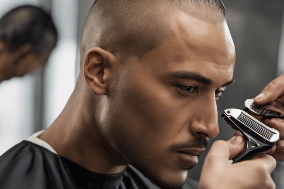 An image capturing a person confidently shaving their head, holding a razor with one hand while smoothly gliding it along their scalp, seamlessly removing hair without the use of a guide comb