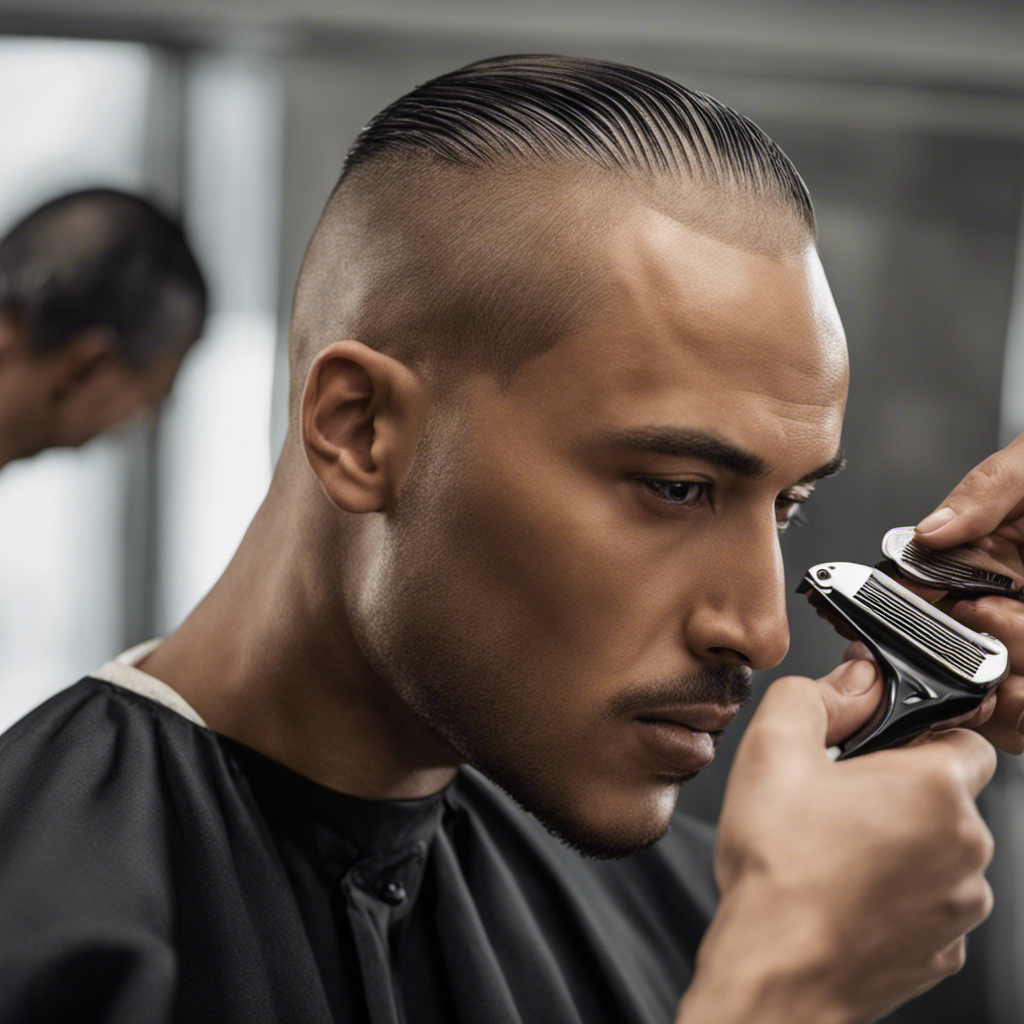 An image capturing a person confidently shaving their head, holding a razor with one hand while smoothly gliding it along their scalp, seamlessly removing hair without the use of a guide comb