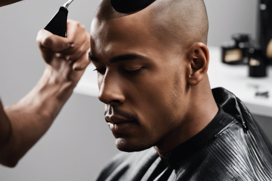 An image showcasing a close-up of a freshly shaved head with a soothing, cooling gel being applied to prevent razor bumps