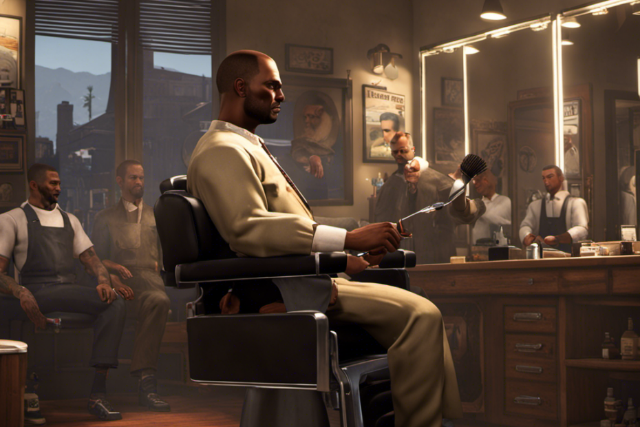 An image showcasing a digital character in Grand Theft Auto 5, sitting in a virtual barbershop chair, with a barber expertly shaving Michael's head, using a straight razor, while other characters wait their turn