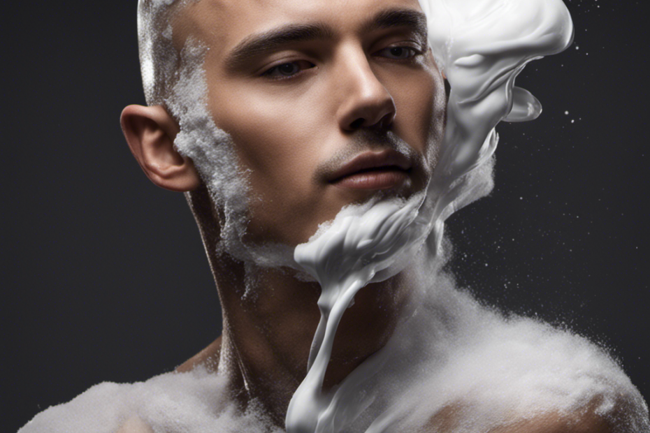 An image showcasing a close-up of a person's head, covered in shaving foam, as a razor glides smoothly across their scalp, leaving behind a perfectly bald, glistening surface
