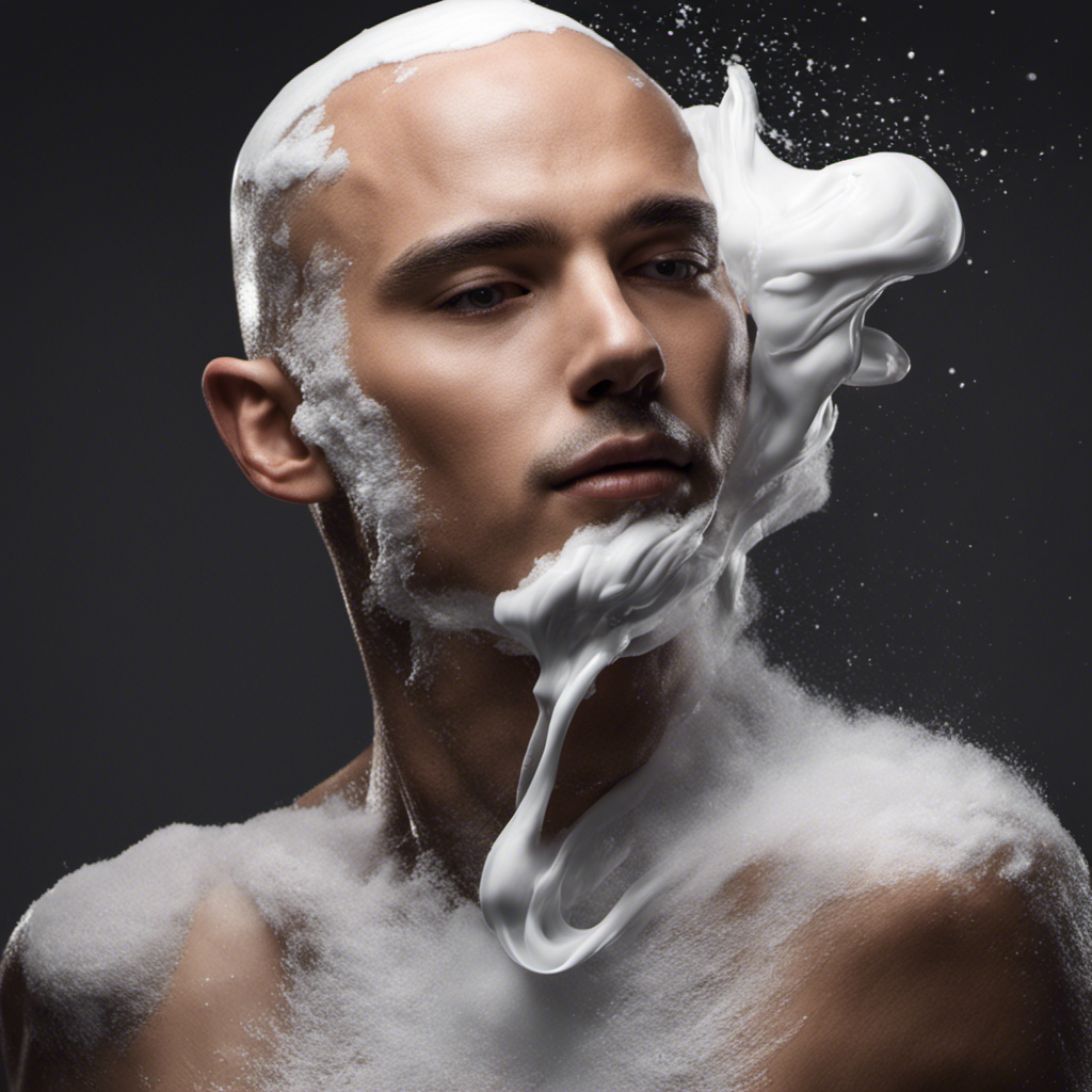 An image showcasing a close-up of a person's head, covered in shaving foam, as a razor glides smoothly across their scalp, leaving behind a perfectly bald, glistening surface
