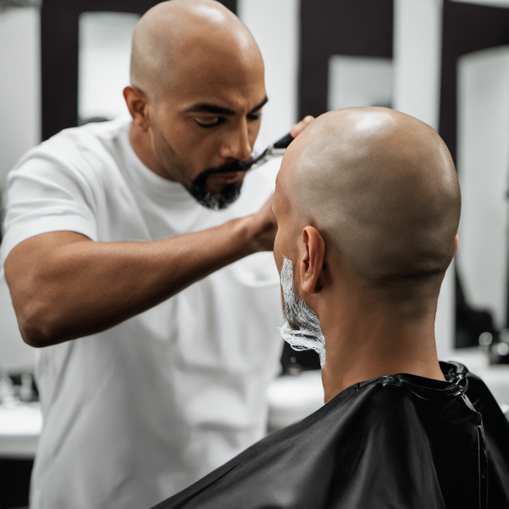 An image that showcases a person shaving their head with a razor, their smooth scalp glistening under running water