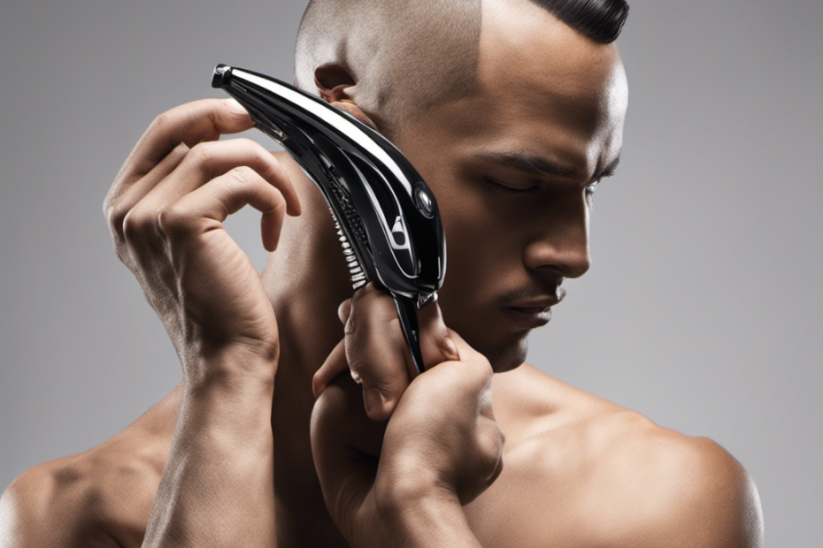 An image depicting a close-up shot of a person's hand confidently gliding an electric razor over a smoothly shaved head