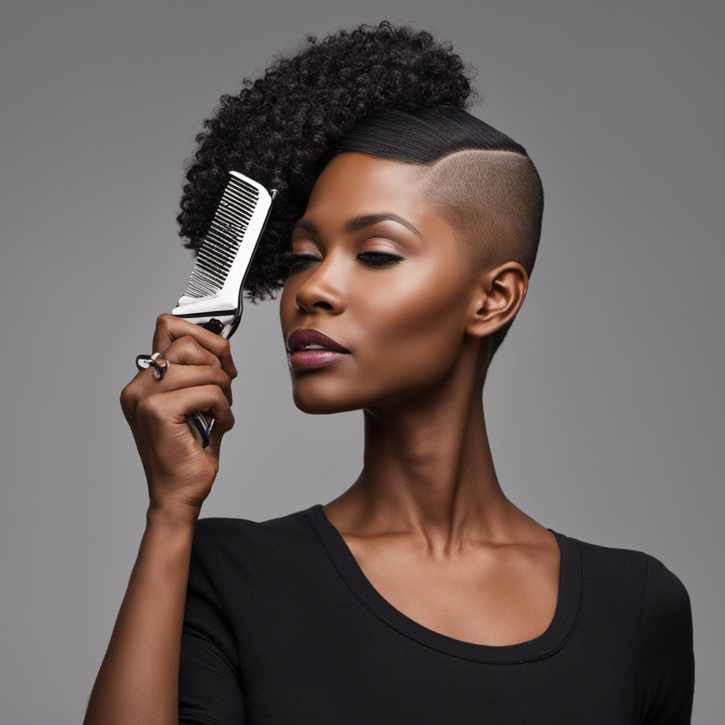 An image showcasing a woman confidently holding a pair of clippers, her head tilted slightly to the side