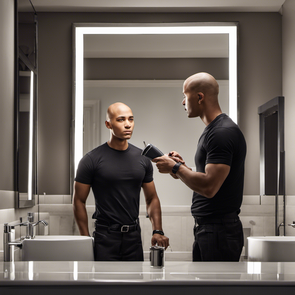 An image featuring a person standing in front of a well-lit bathroom mirror, holding an electric clipper with a confident expression
