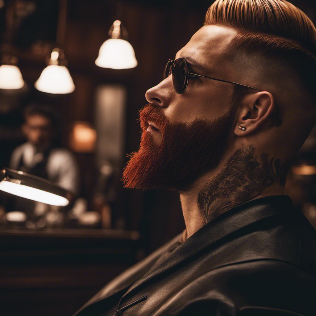 An image capturing the precise moment when a skilled barber, armed with a straight razor, expertly glides it along the contours of a fiery red beard, skillfully removing each strand with finesse