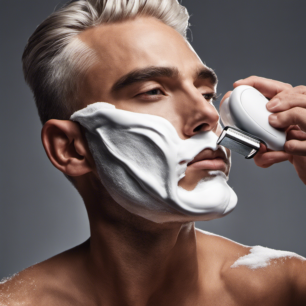 An image showcasing a close-up shot of a man's face covered in rich, creamy shaving foam while a triple head shaver glides effortlessly over his skin, capturing every single hair with precision and leaving behind a smooth, clean finish