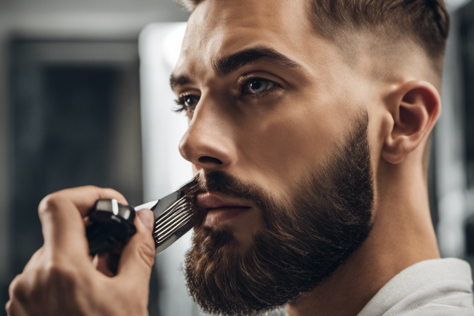 An image featuring a confident young man with a well-groomed beard, using a razor to shave the side of his head