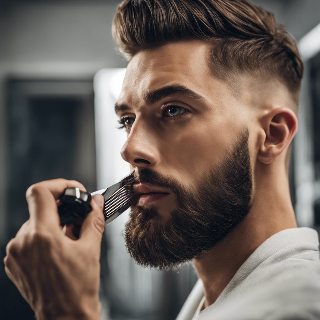 An image featuring a confident young man with a well-groomed beard, using a razor to shave the side of his head