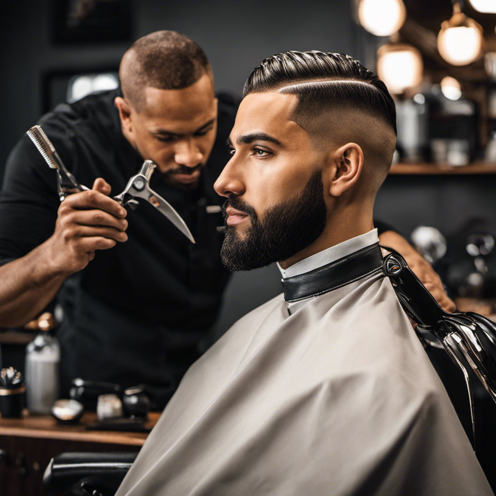 An image showcasing a person sitting in a barber chair, with a professional barber using clippers to meticulously shave the sides and back of their head, leaving a clean and stylish look