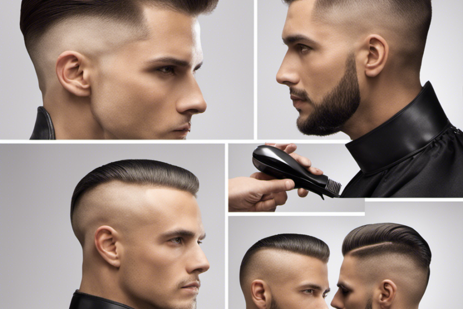 An image featuring a male model with a well-groomed hairstyle, showcasing the step-by-step process of shaving the sides of his head