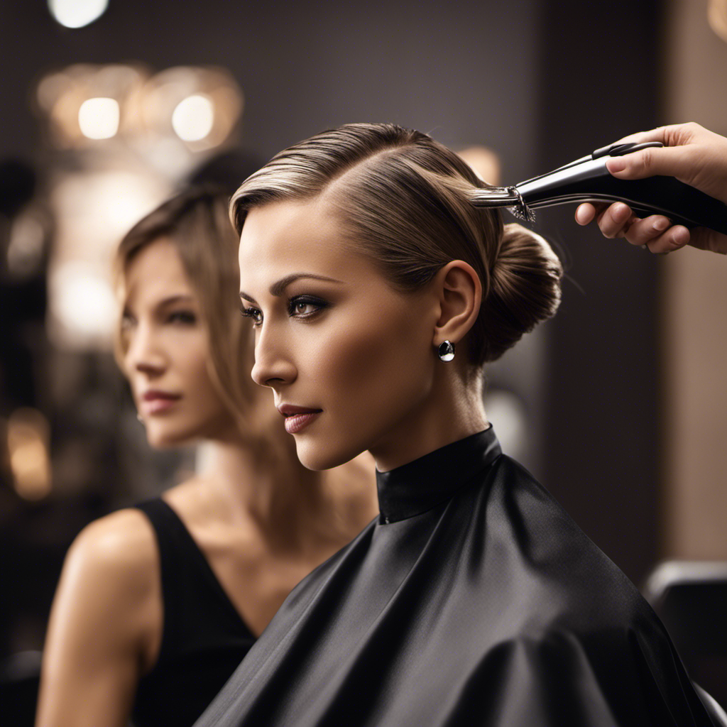 An image capturing a hairstylist effortlessly gliding a razor along the nape of a woman's neck, delicately removing hair with precision and confidence